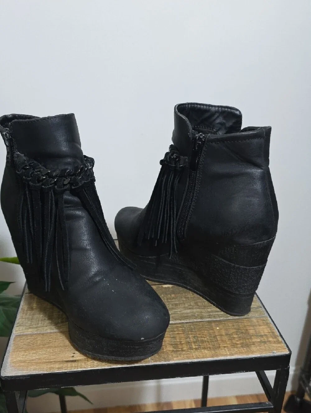 Womens Black Fringe Wedge Booties